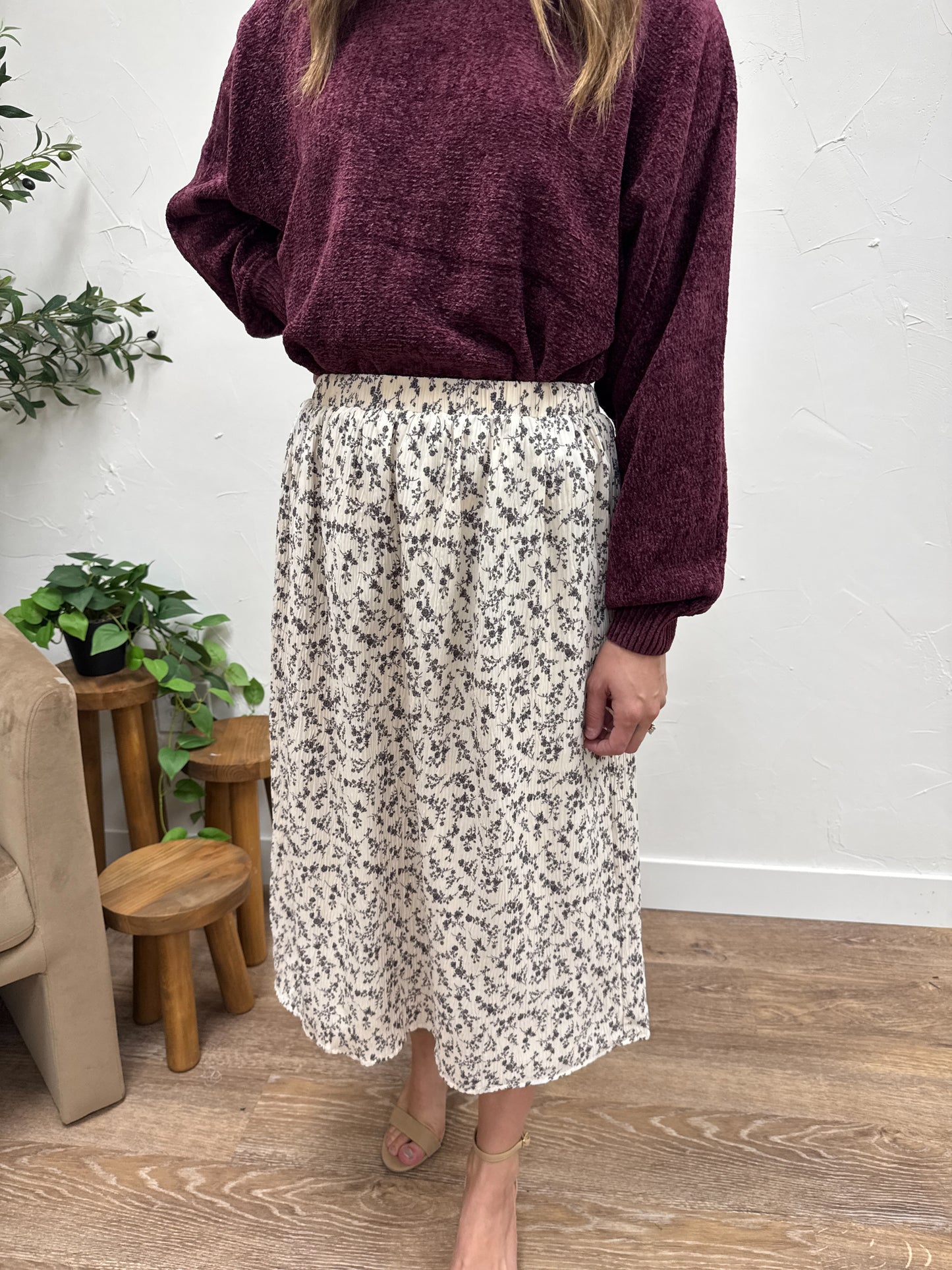 Floral Crinkle Midi Skirt