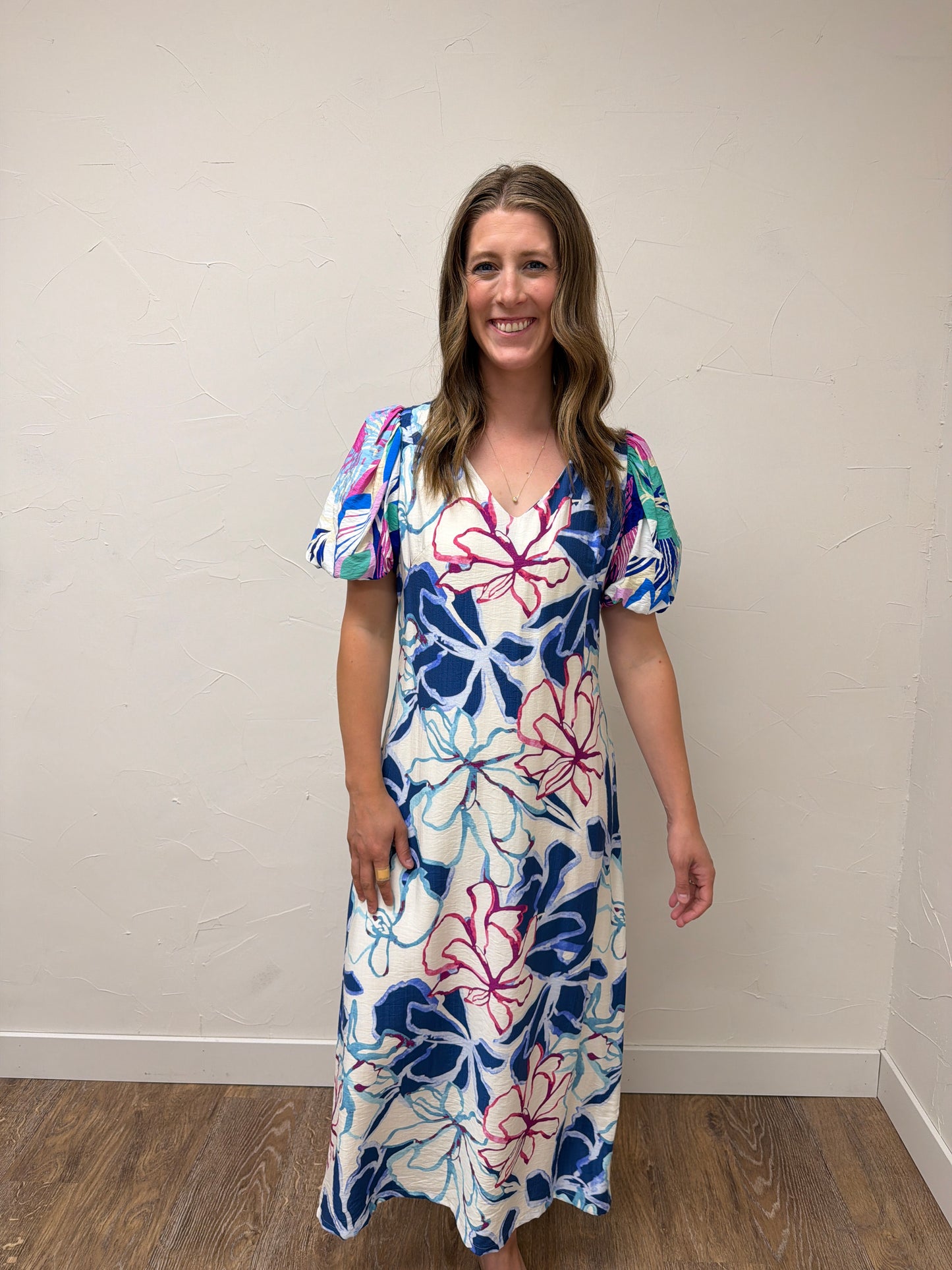 Tropical Floral Puff Sleeve Maxi Dress