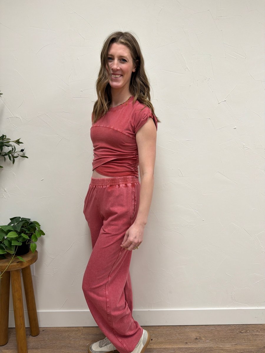 Lifestyle shot of model wearing 2 Piece Set in cozy, casual environment — Three:Twelve Boutique