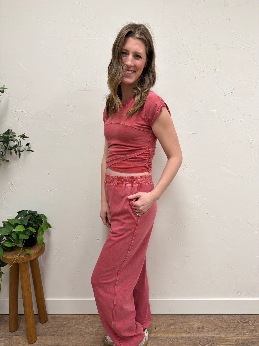 Lifestyle shot of model wearing 2 Piece Set in cozy, casual environment — Three:Twelve Boutique