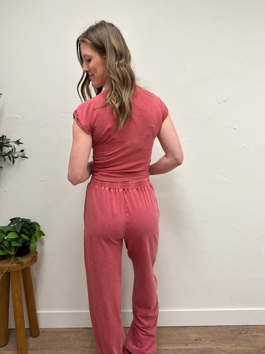 Back view of model wearing 2 Piece Set showing simple, comfy design — Three:Twelve Boutique