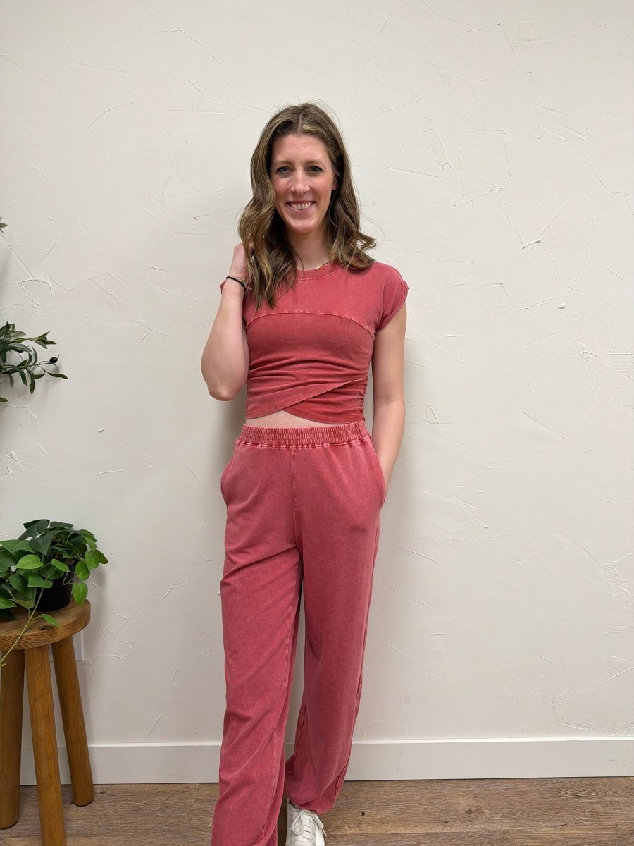 Lifestyle shot of model wearing 2 Piece Set in cozy, casual environment — Three:Twelve Boutique