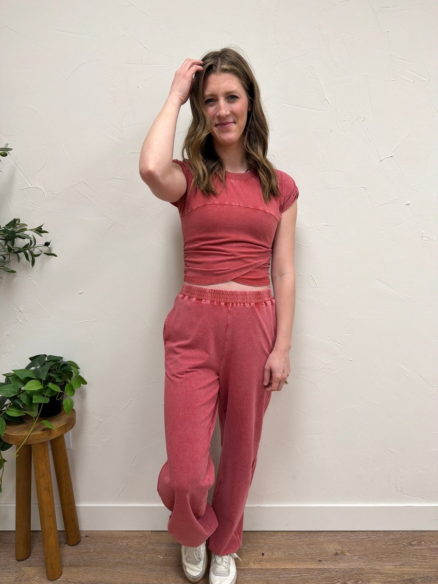 Lifestyle shot of model wearing 2 Piece Set in cozy, casual environment — Three:Twelve Boutique