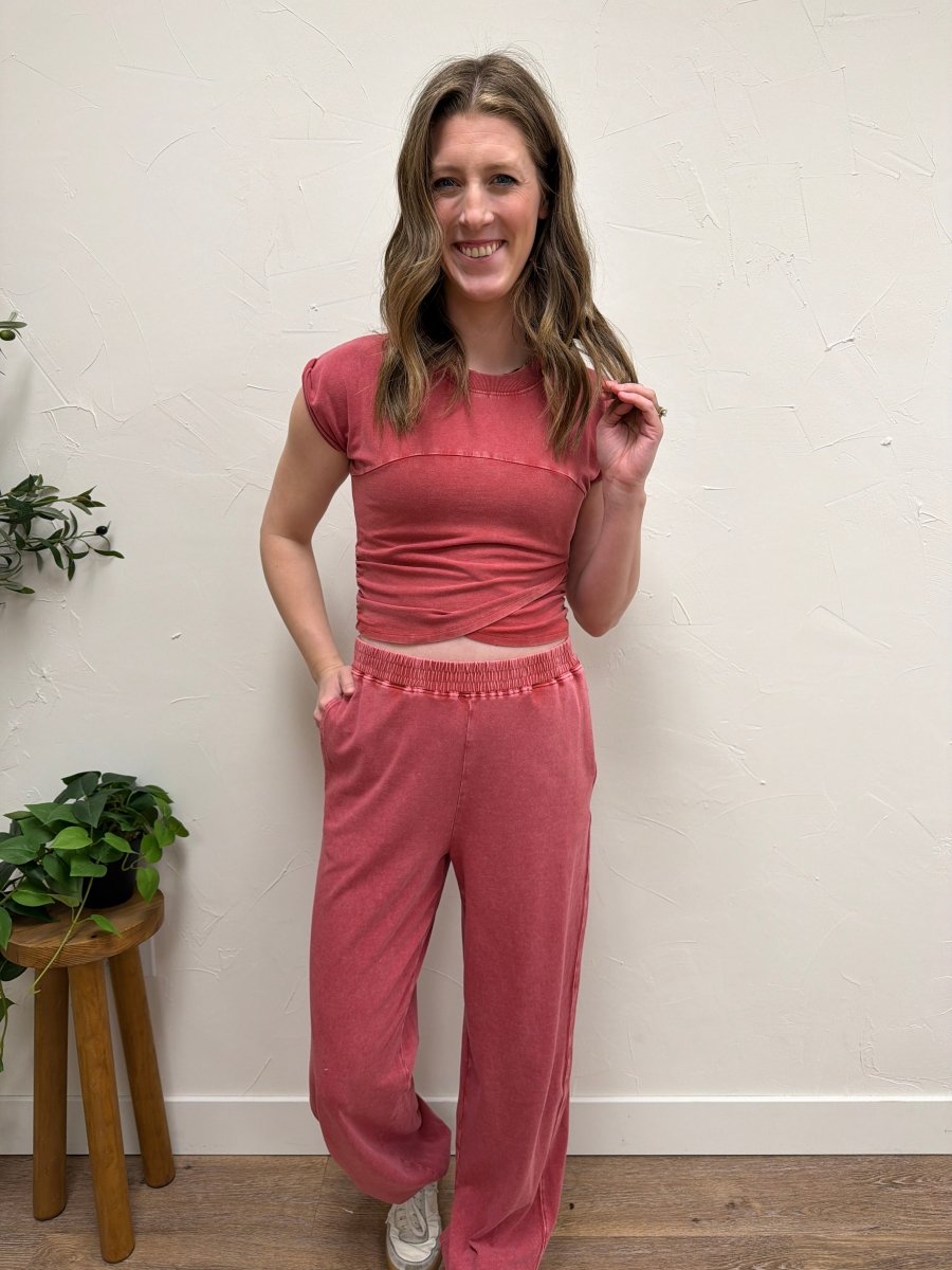 Lifestyle shot of model wearing 2 Piece Set in cozy, casual environment — Three:Twelve Boutique