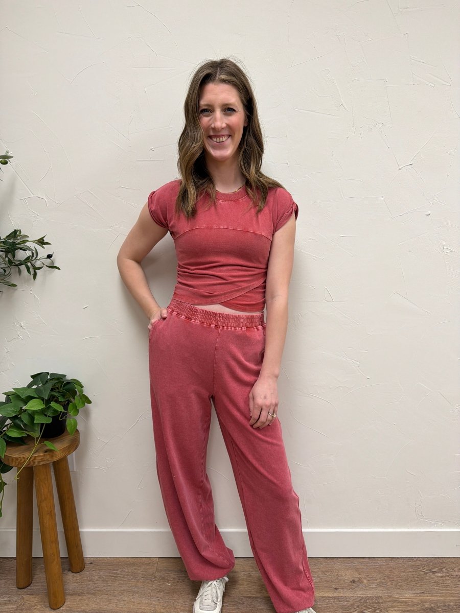 Lifestyle shot of model wearing 2 Piece Set in cozy, casual environment — Three:Twelve Boutique
