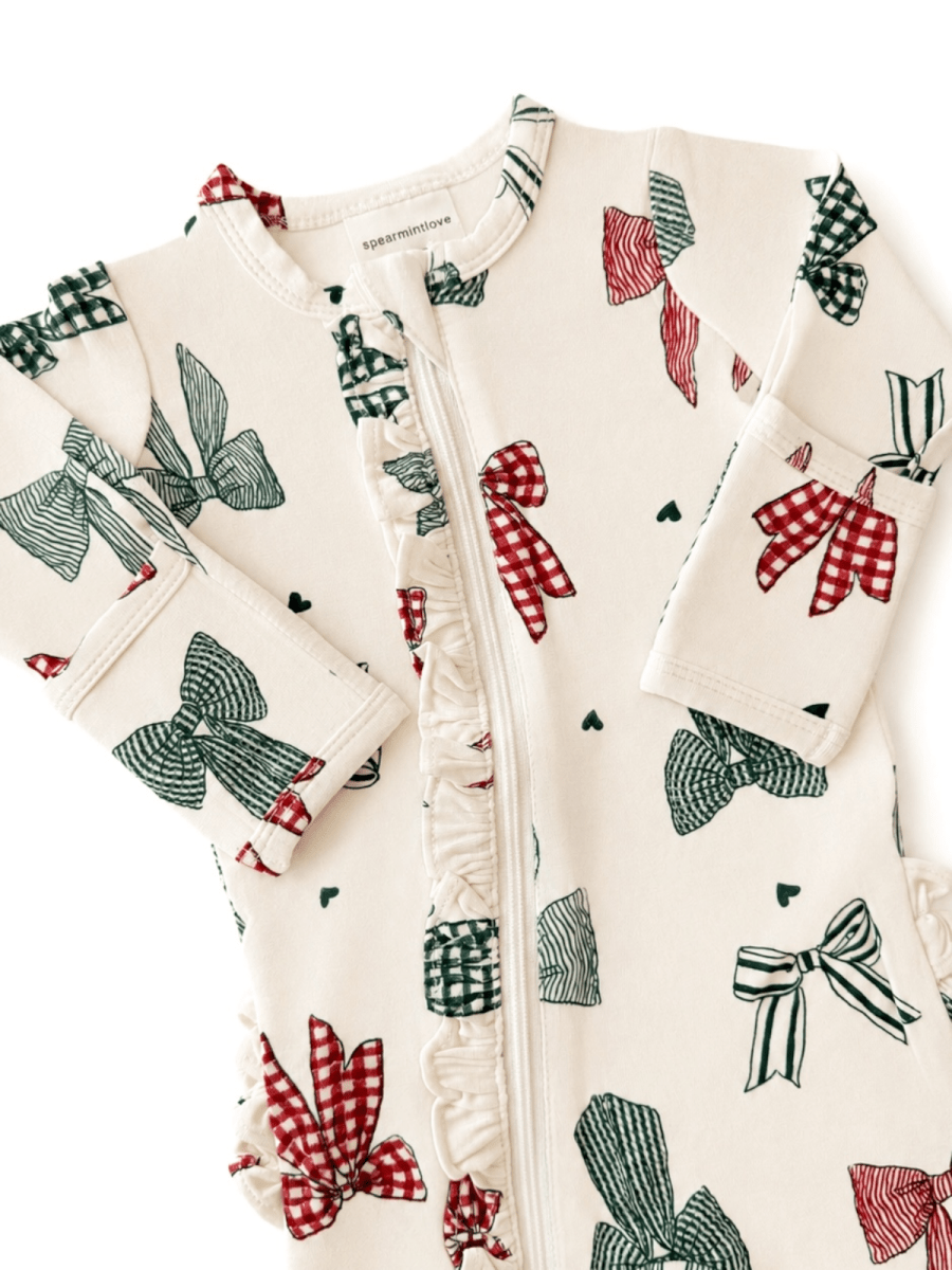 2-Way Zip Ruffle Footie Christmas Bows - Three:Twelve Boutique - SpearmintLOVE