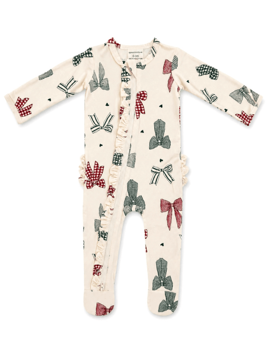 2-Way Zip Ruffle Footie Christmas Bows - Three:Twelve Boutique - SpearmintLOVE