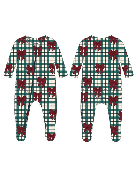 2-Way Zip Ruffle Footie Yuletide Bows - Three:Twelve Boutique - SpearmintLOVE