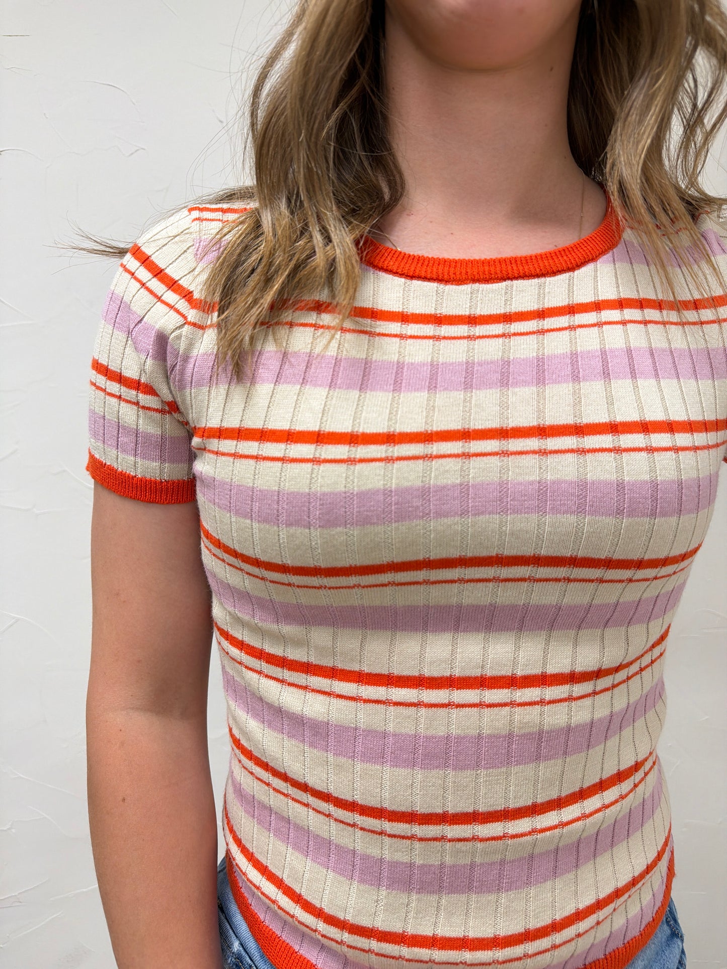 Knit Sweater Multi Color Striped Short Sleeve