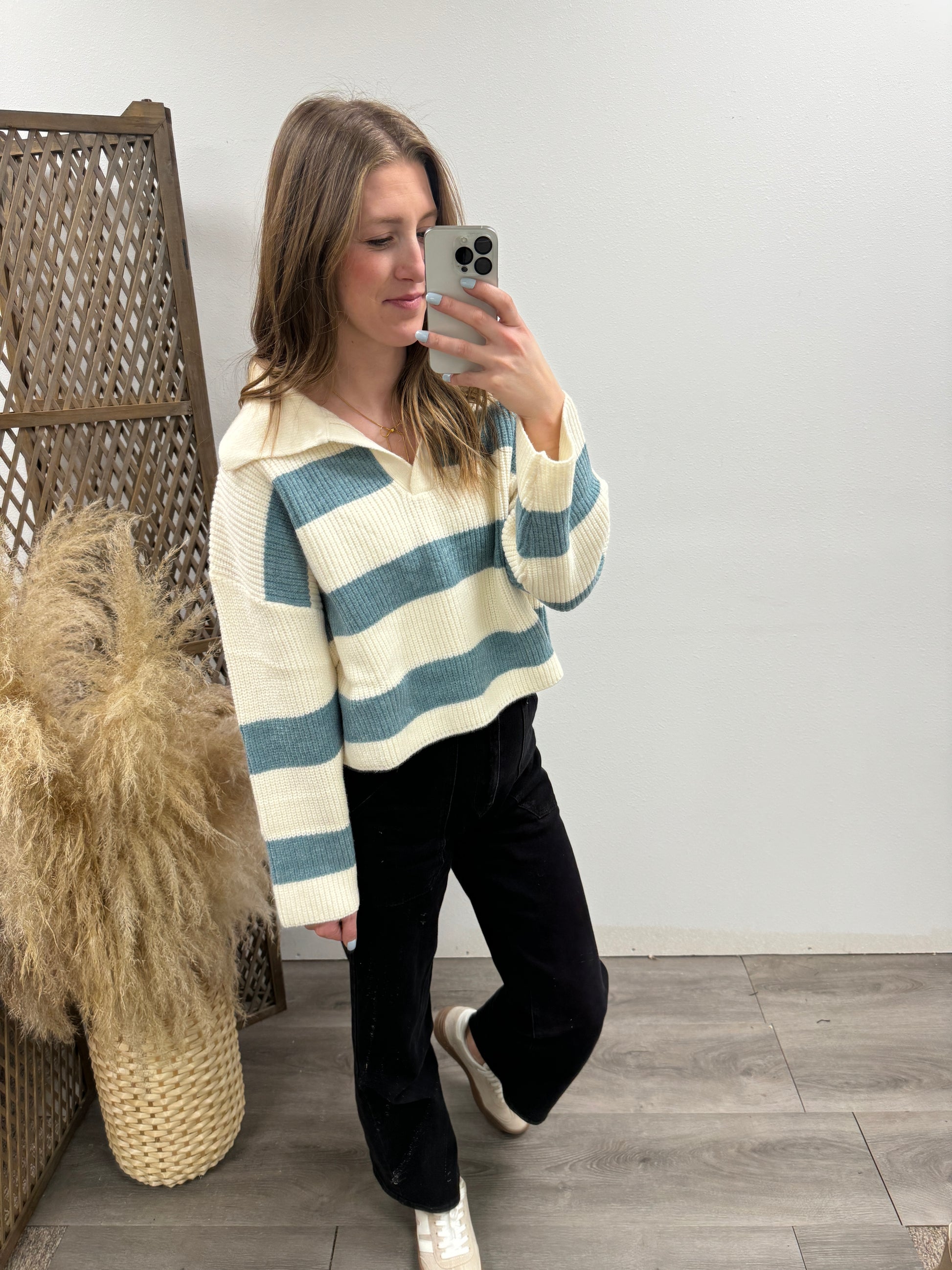 STRIPE DROP SHOULDER WITH WIDE COLLAR SWEATER - Three:Twelve Boutique