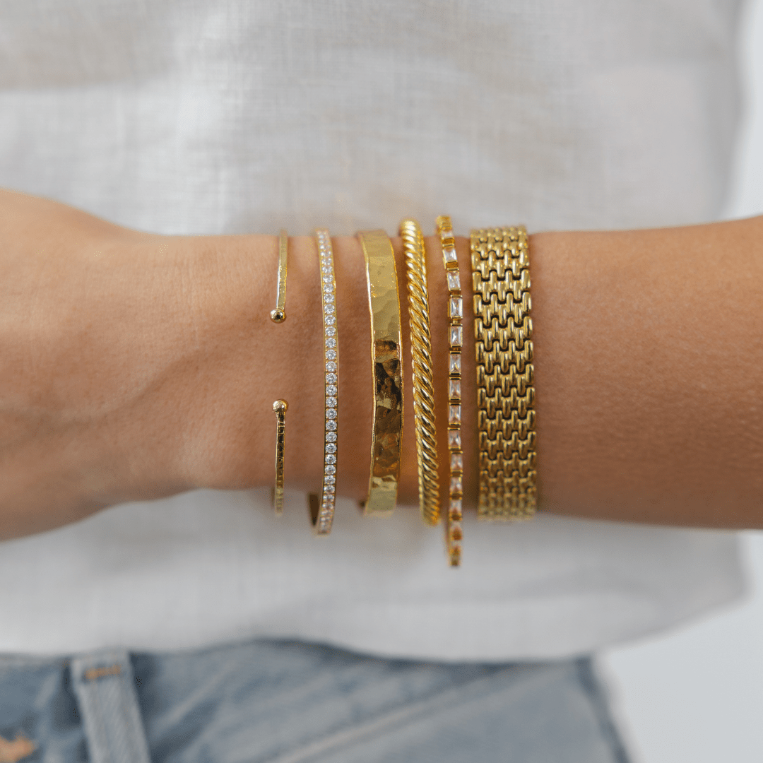 24K Gold Adjustable Thin Hammered Bangle - Three:Twelve Boutique - Brenda Grands Waterproof Jewelry