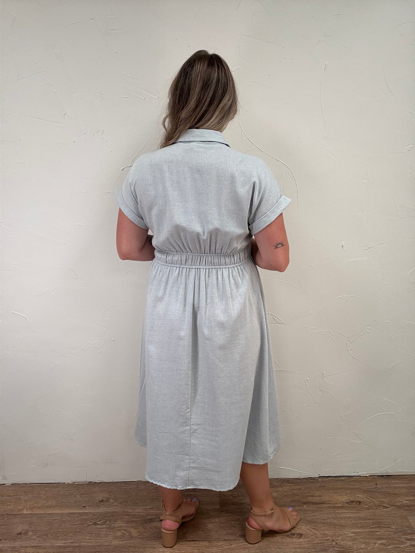 Button Down Half Sleeve Cotton Midi Dress