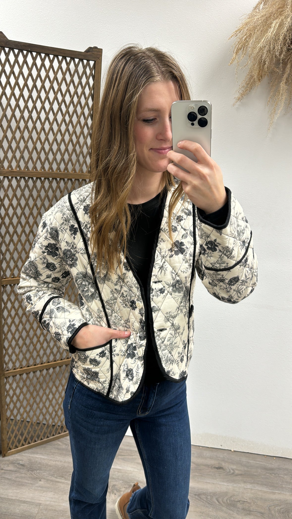 Quilted Floral Jacket with Pockets