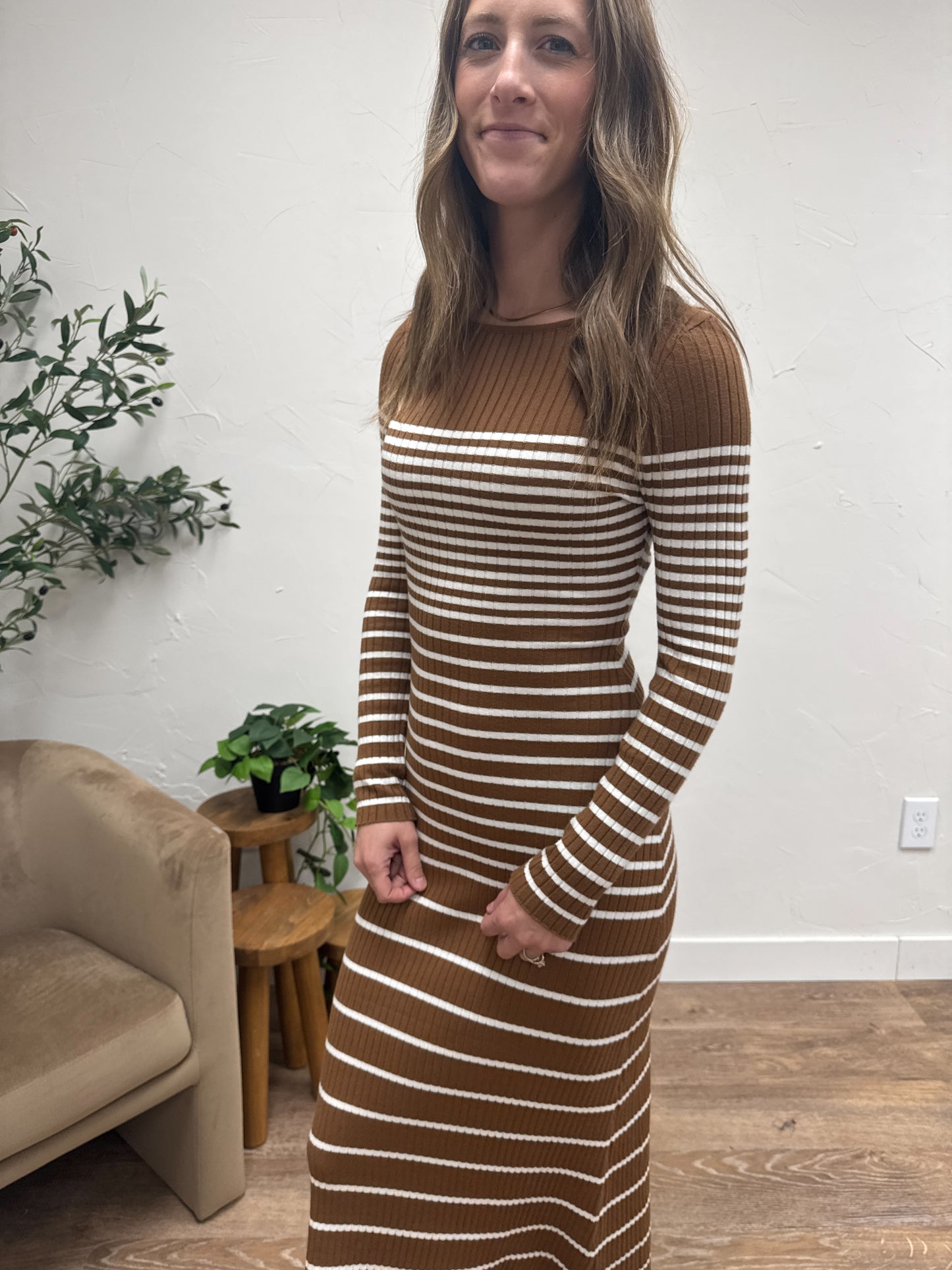 Boat neck Semi A-Line Stripe Dress