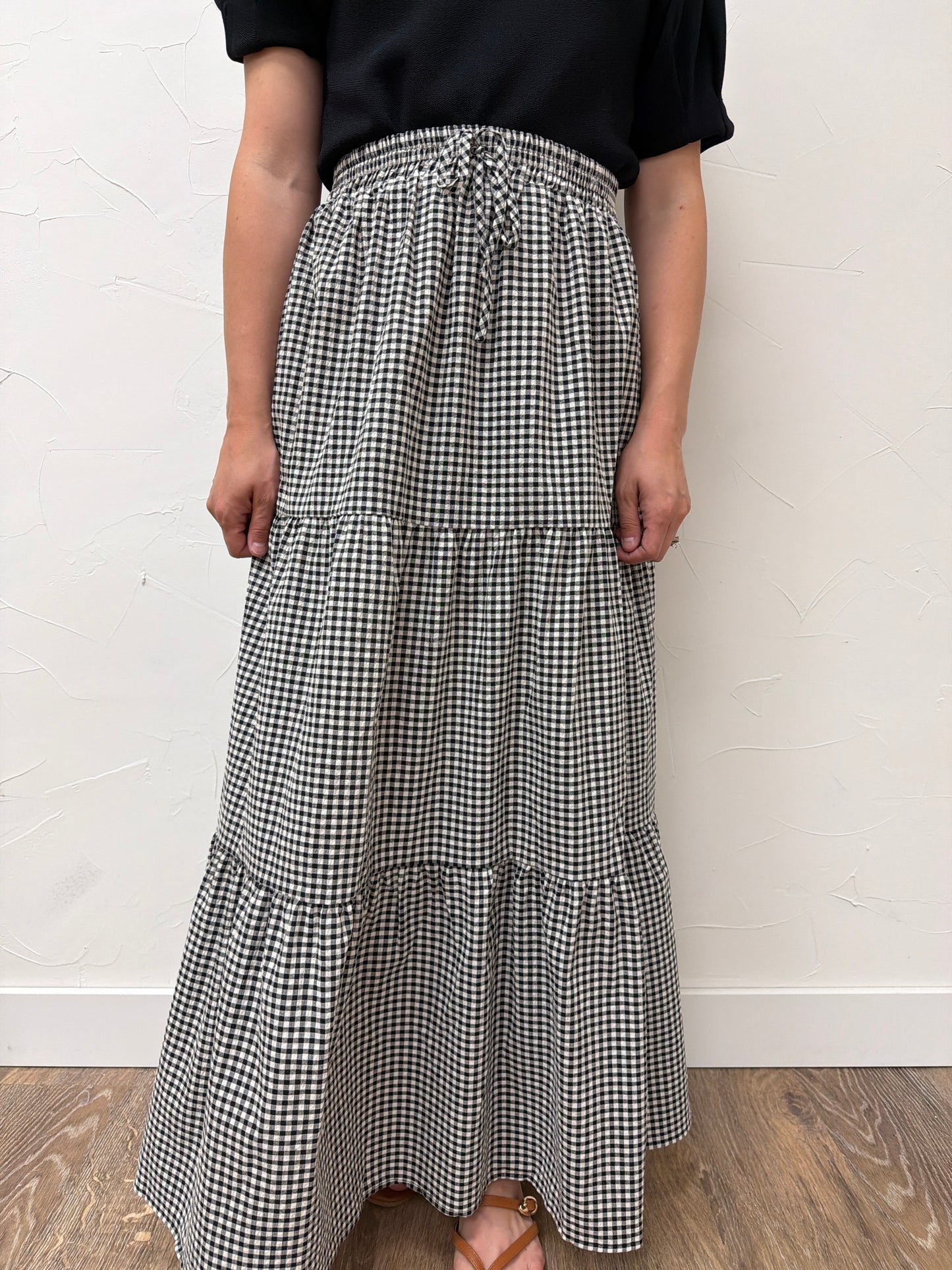 Plaid Tiered Ruffled Drawstring Maxi Skirt