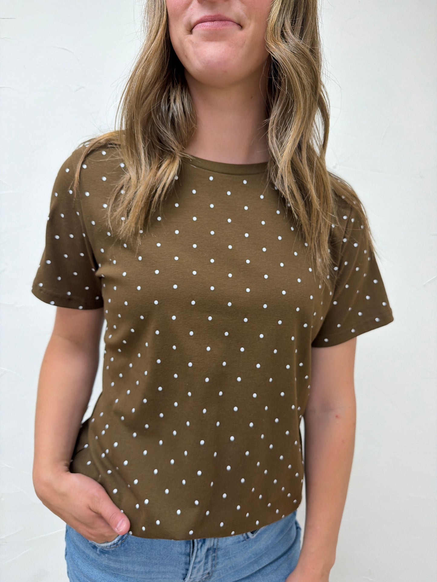 Polka Dot Crew Neck Cotton KNit Top
