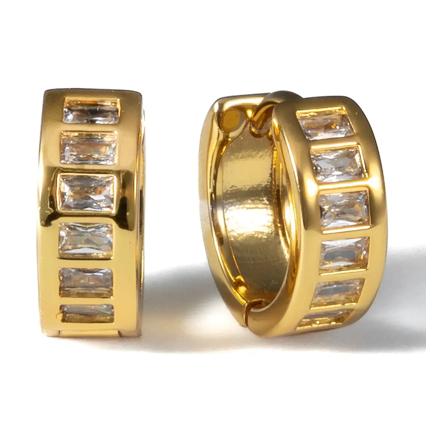 Silver Baguette Huggie Earrings: Yellow Gold