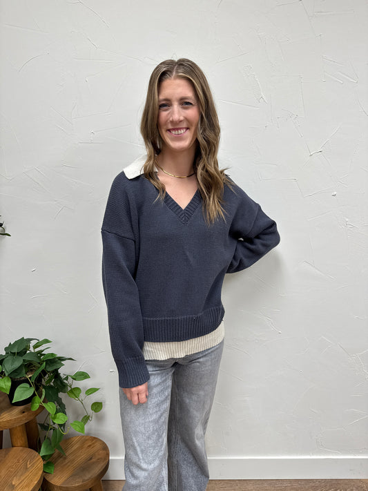 Color Combo V-Neck Sweater Top