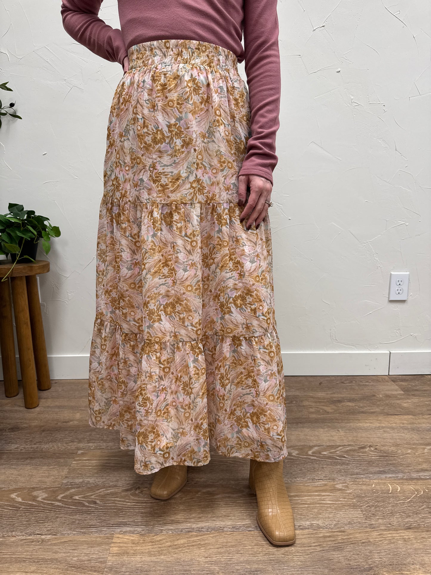 Front view of Tiered Boho Maxi Skirt on model showing full tiered silhouette — Three:Twelve Boutique