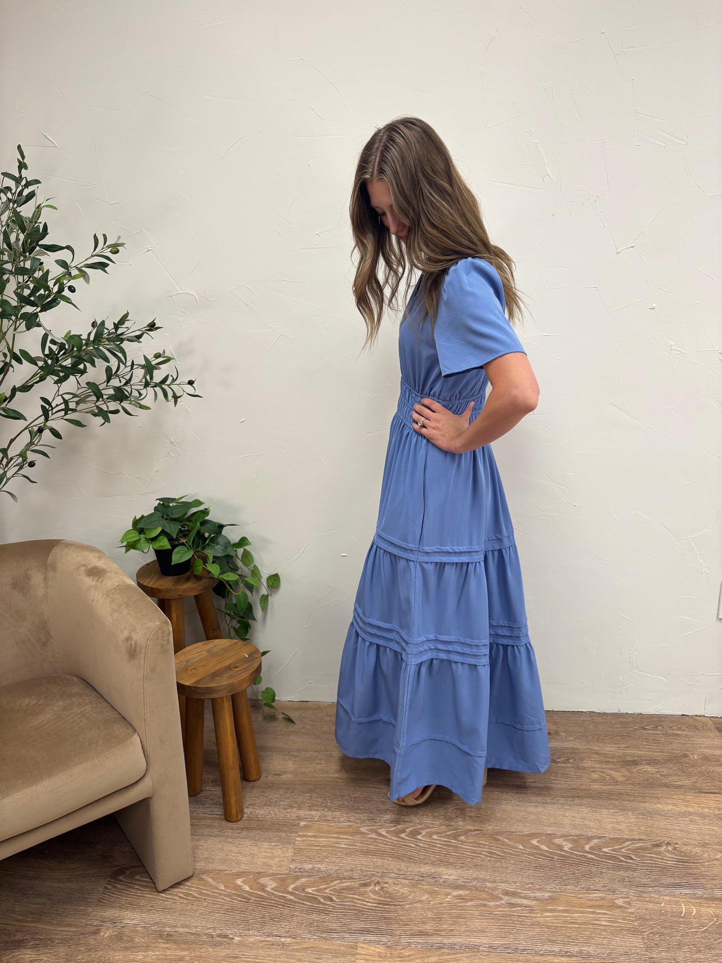 Half Sleeve Pintuck Maxi Dress