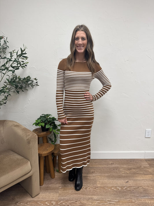 Boat neck Semi A-Line Stripe Dress