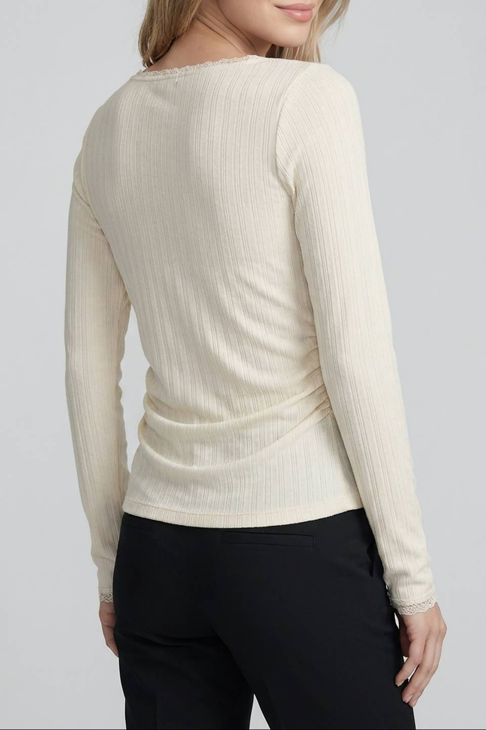 TEXTURED RIB LACE DETAIL SIDE RUCHED SIDE TOP