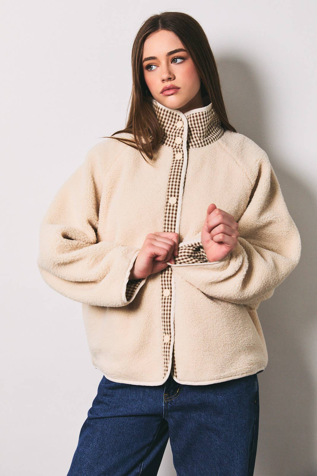 Gingham Contrast Reversible Sherpa Jacket