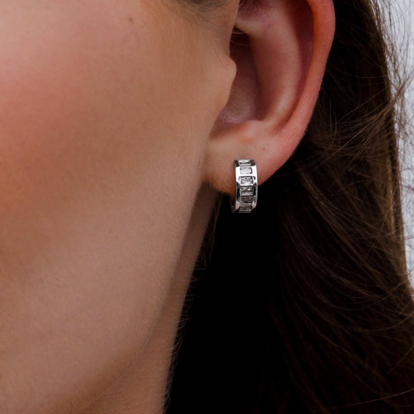 Silver Baguette Huggie Earrings: Yellow Gold