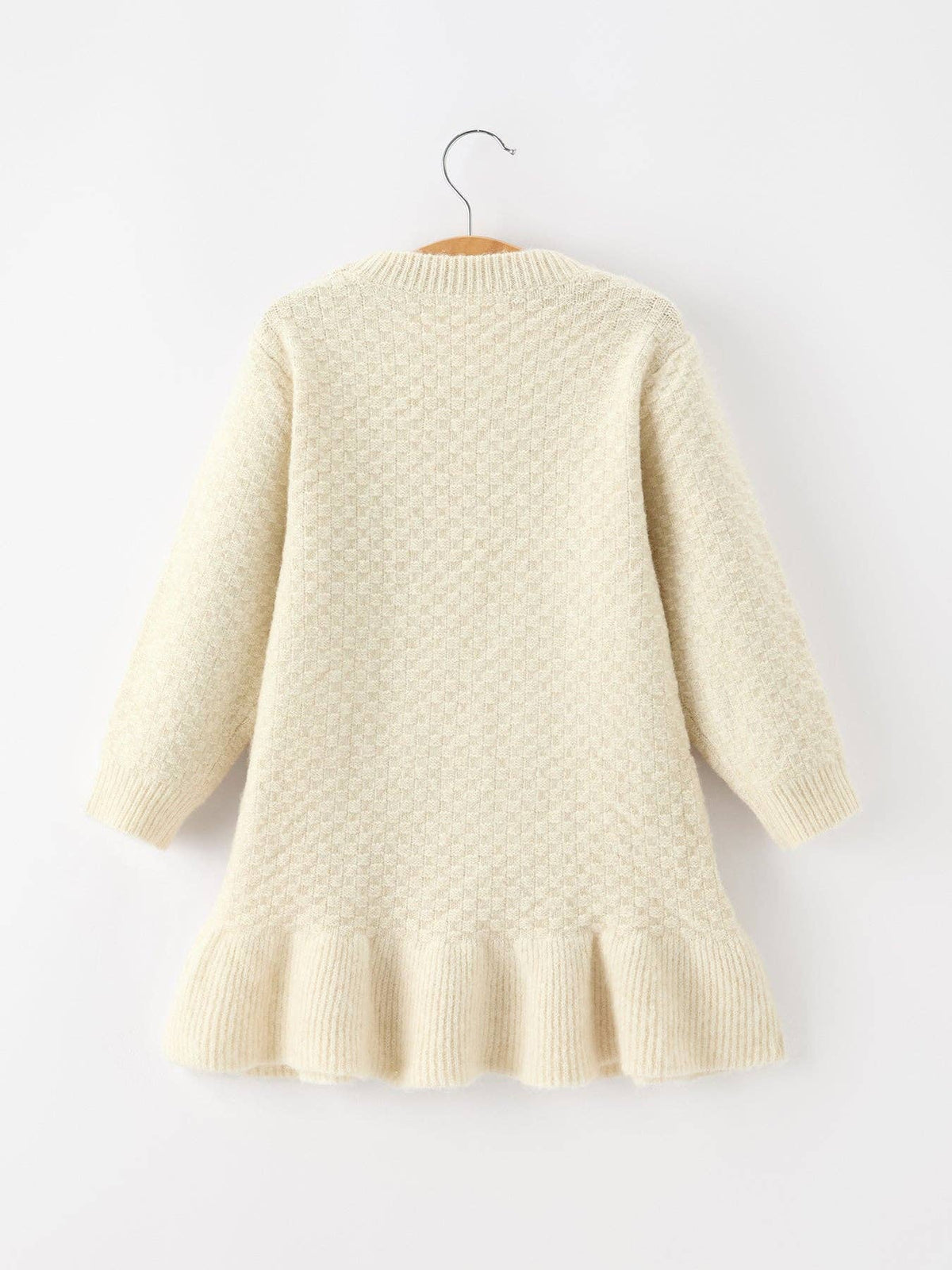 Girls Ivory Cable Knit Ruffle Sweater Dress