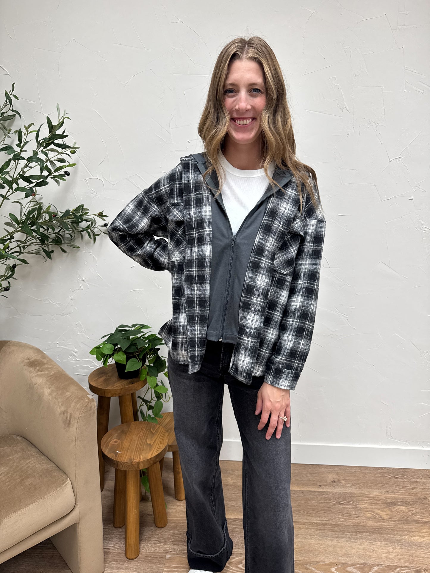 Twofer Plaid Button Down Shacket