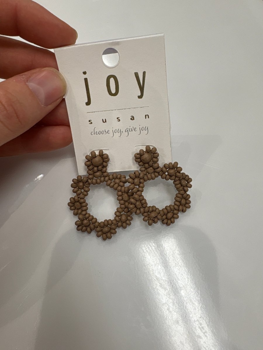 Front view of bead scalloped boho earrings showing detailed beadwork and curved edges — Three:Twelve Boutique