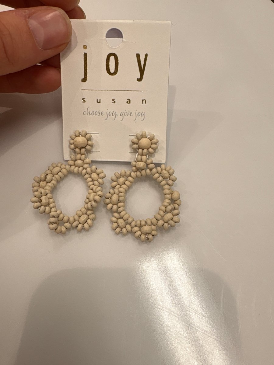 Front view of bead scalloped boho earrings showing detailed beadwork and curved edges — Three:Twelve Boutique