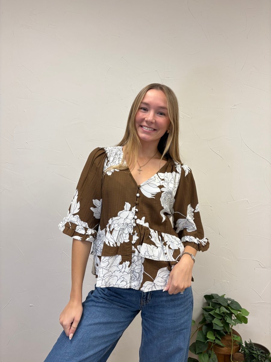 3/4 Sleeve Button Down Ruffle Hem Top - Three:Twelve Boutique - she+sky