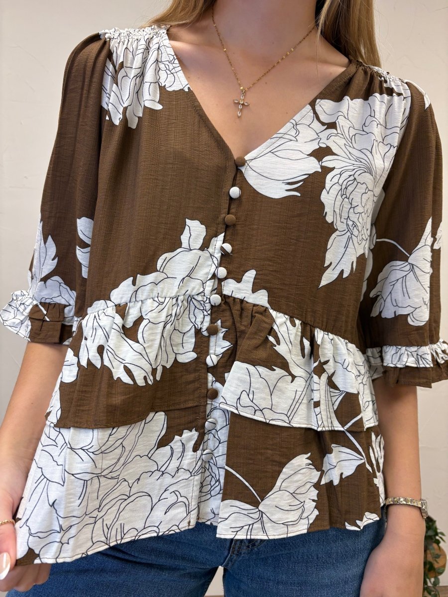 3/4 Sleeve Button Down Ruffle Hem Top - Three:Twelve Boutique - she+sky