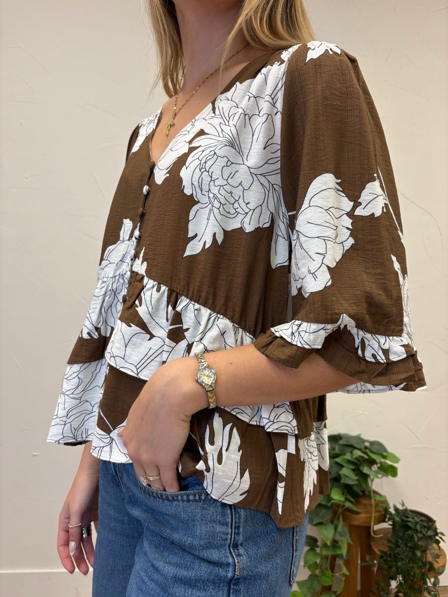 3/4 Sleeve Button Down Ruffle Hem Top - Three:Twelve Boutique - she+sky