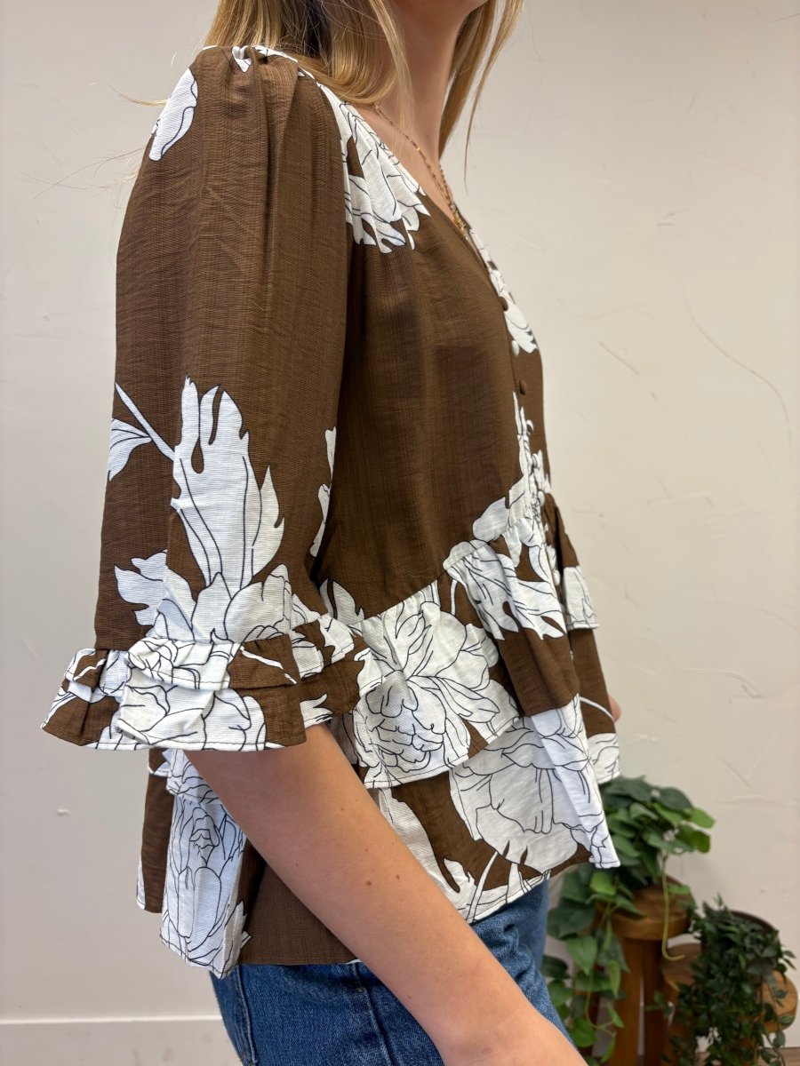 3/4 Sleeve Button Down Ruffle Hem Top - Three:Twelve Boutique - she+sky