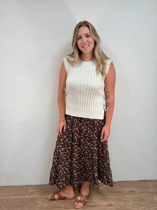Floral Tiered Front Slit Midi Skirt