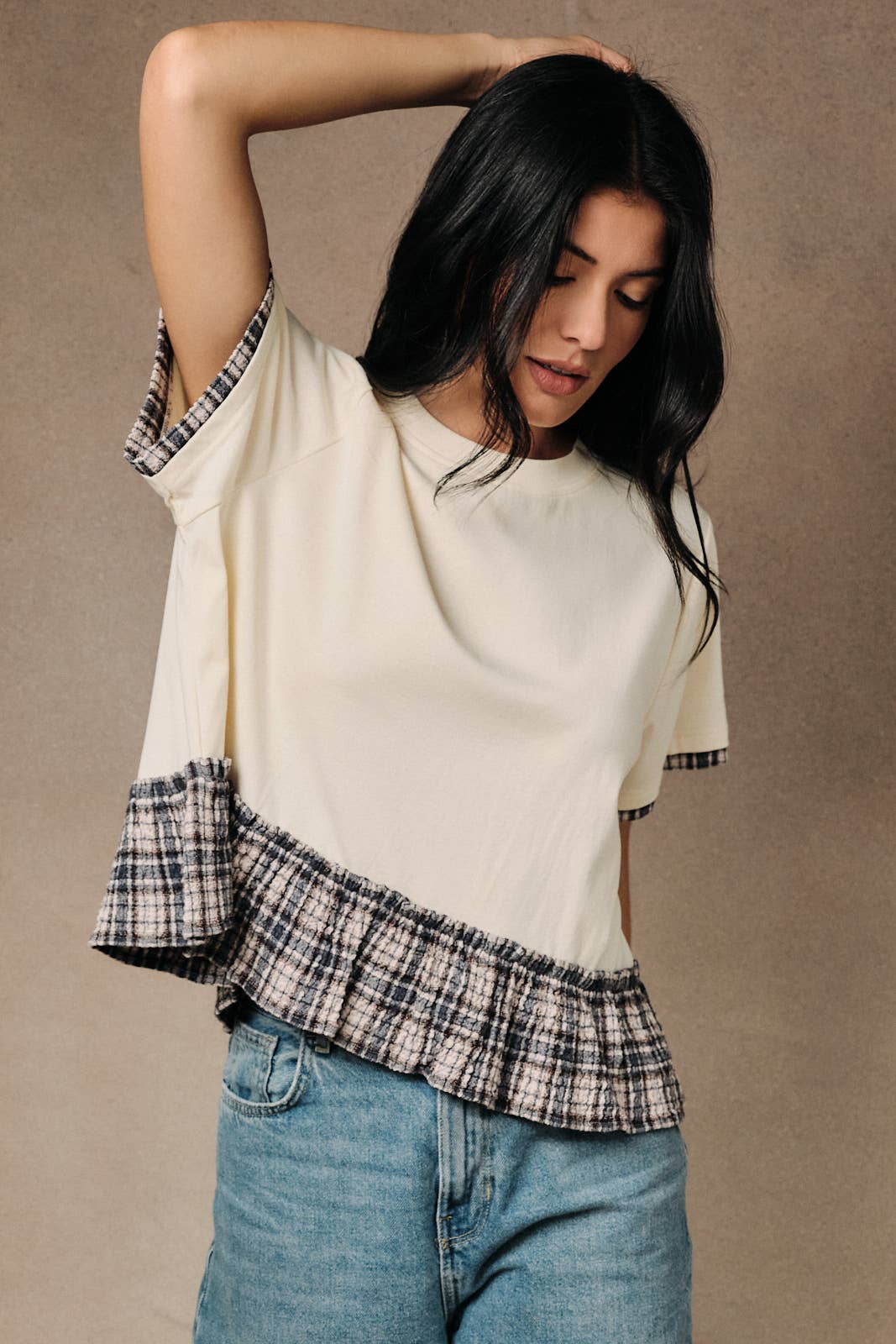 Crew Neck Short Sleeve Contrast Plaid Peplum Boxy Top