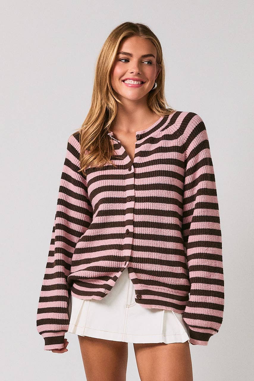 Raglan Striped Crew Neck Button Down Cardigan