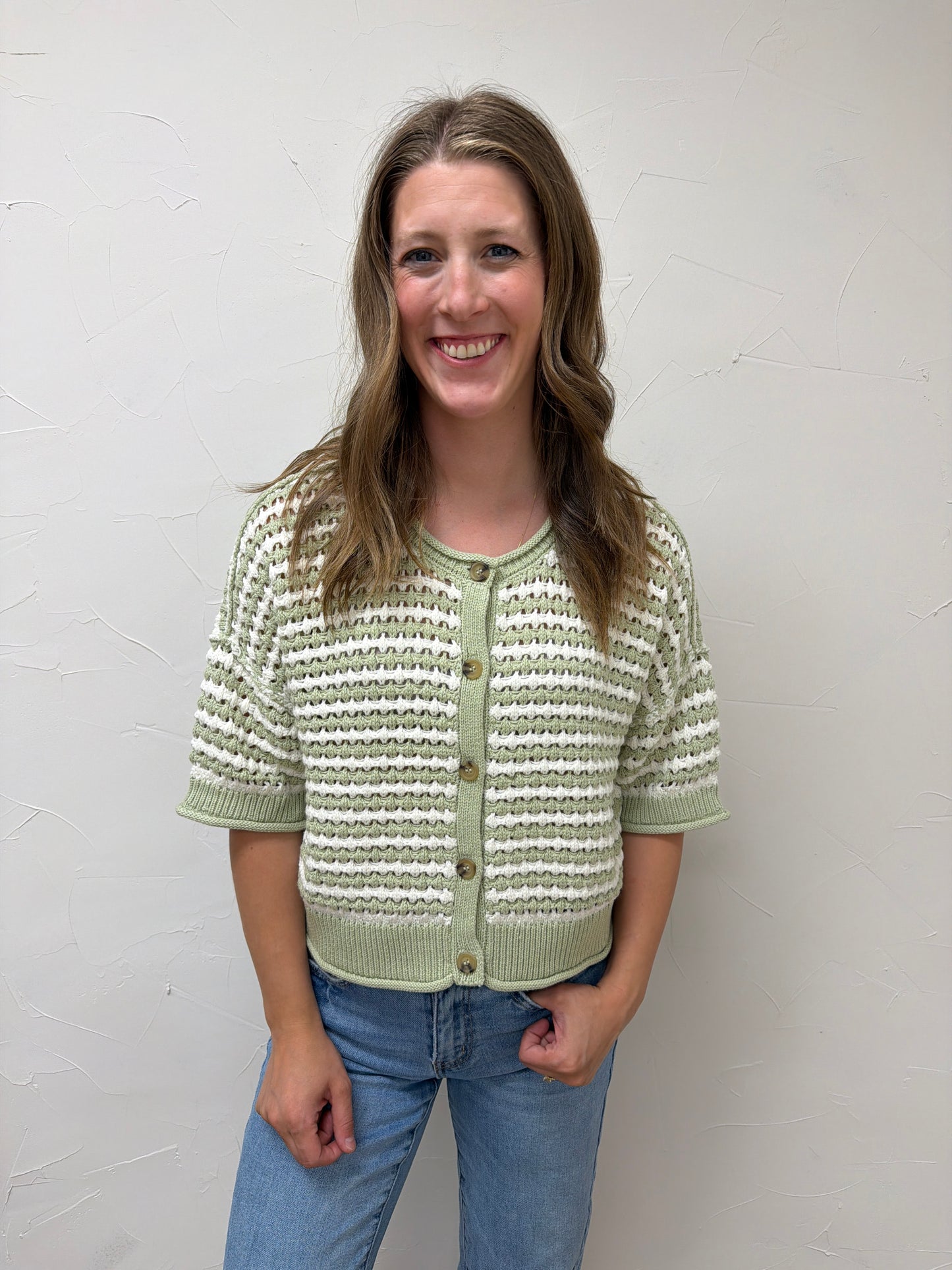 Stripe Short Sleeve Crochet Knit Cardigan