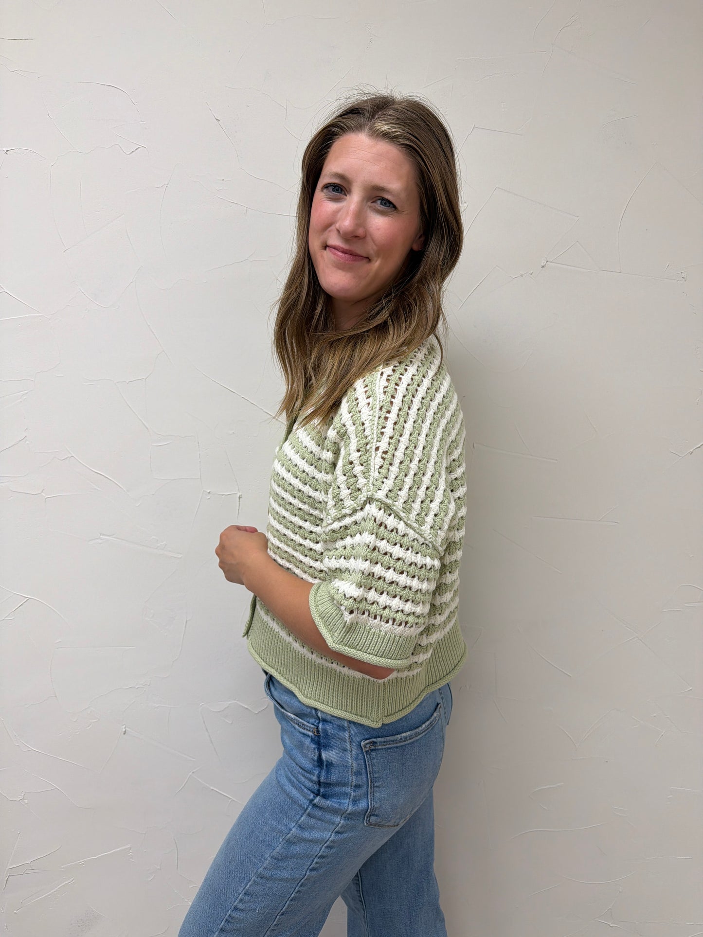 Stripe Short Sleeve Crochet Knit Cardigan