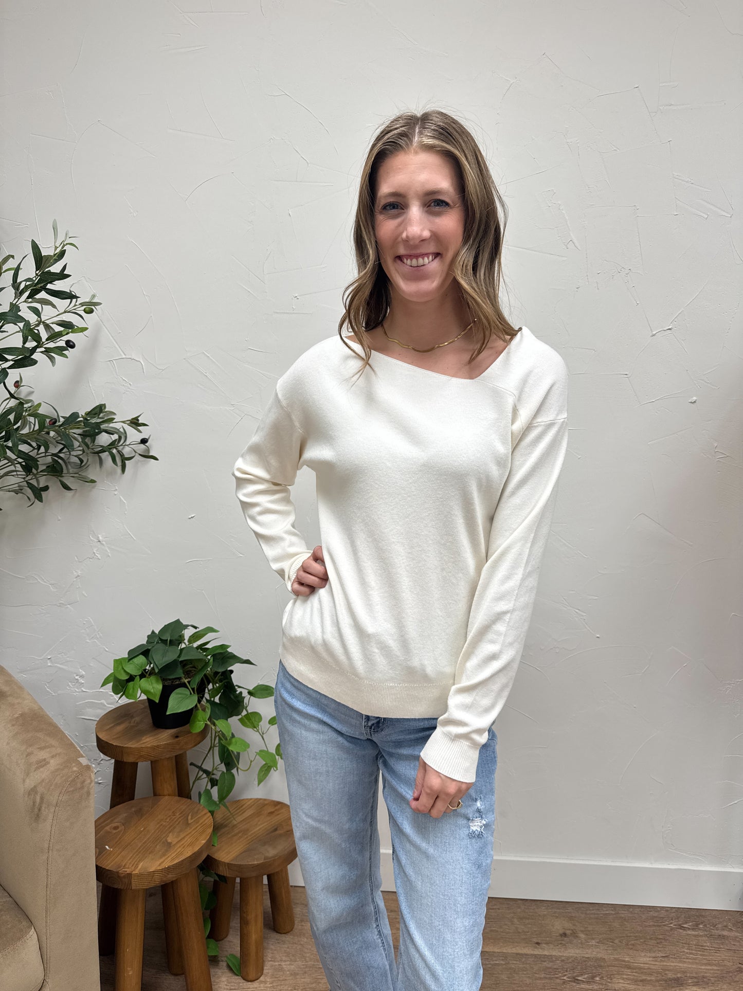 ASYMMETRIC NECK, PULLOVER SWEATER