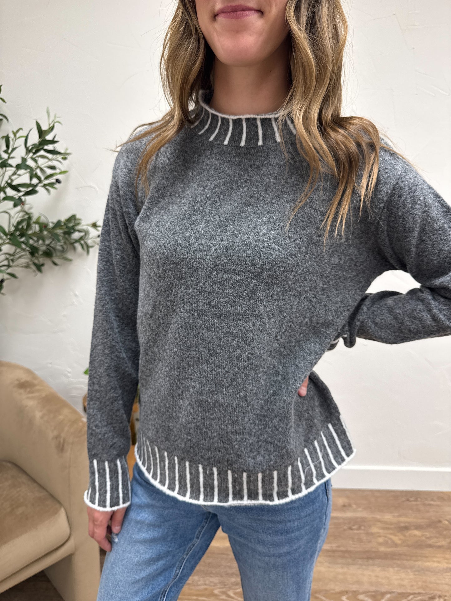 Color Texture Accent Mock Neck Pullover