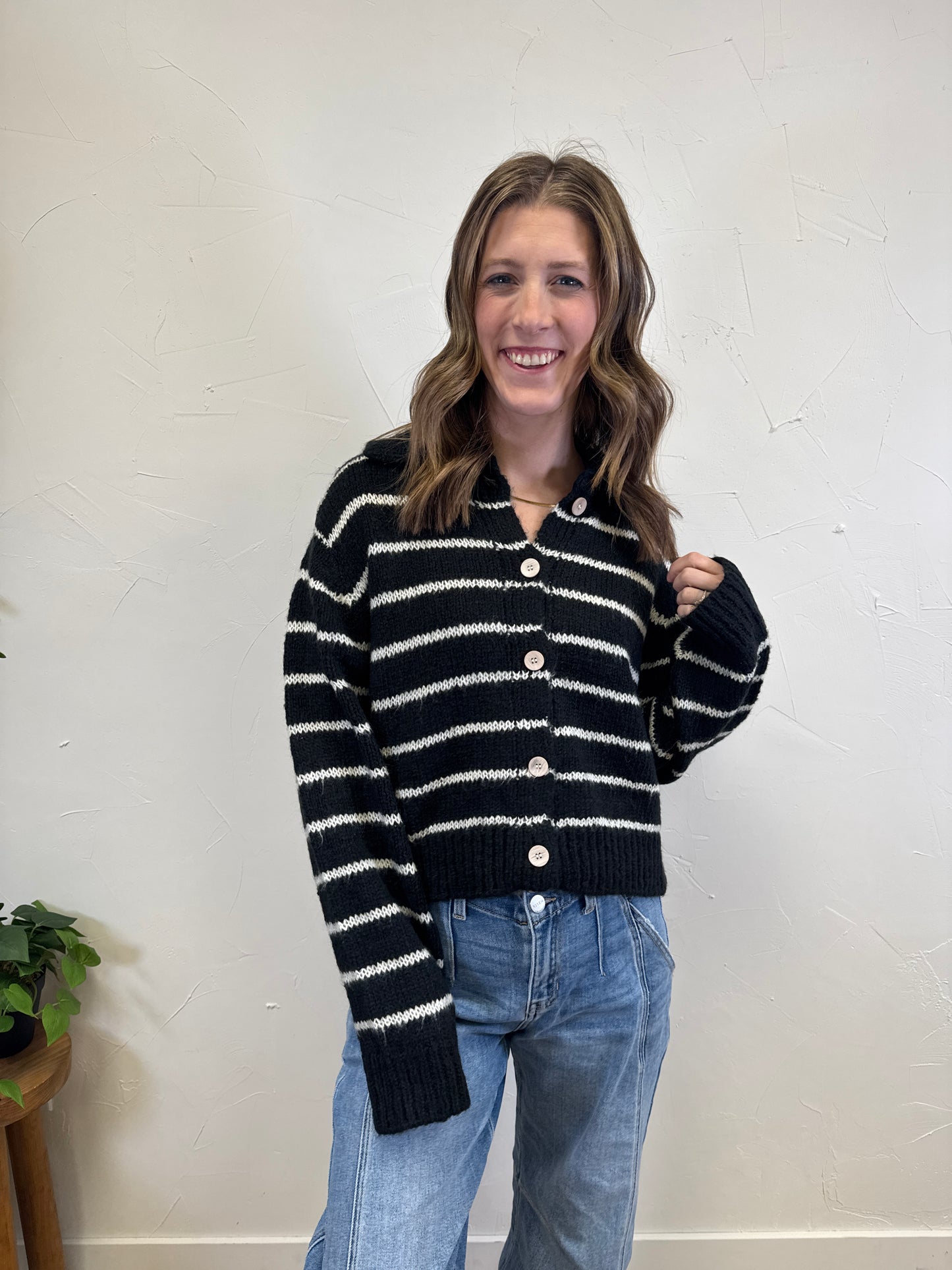 Collared Button Up Striped Cardigan
