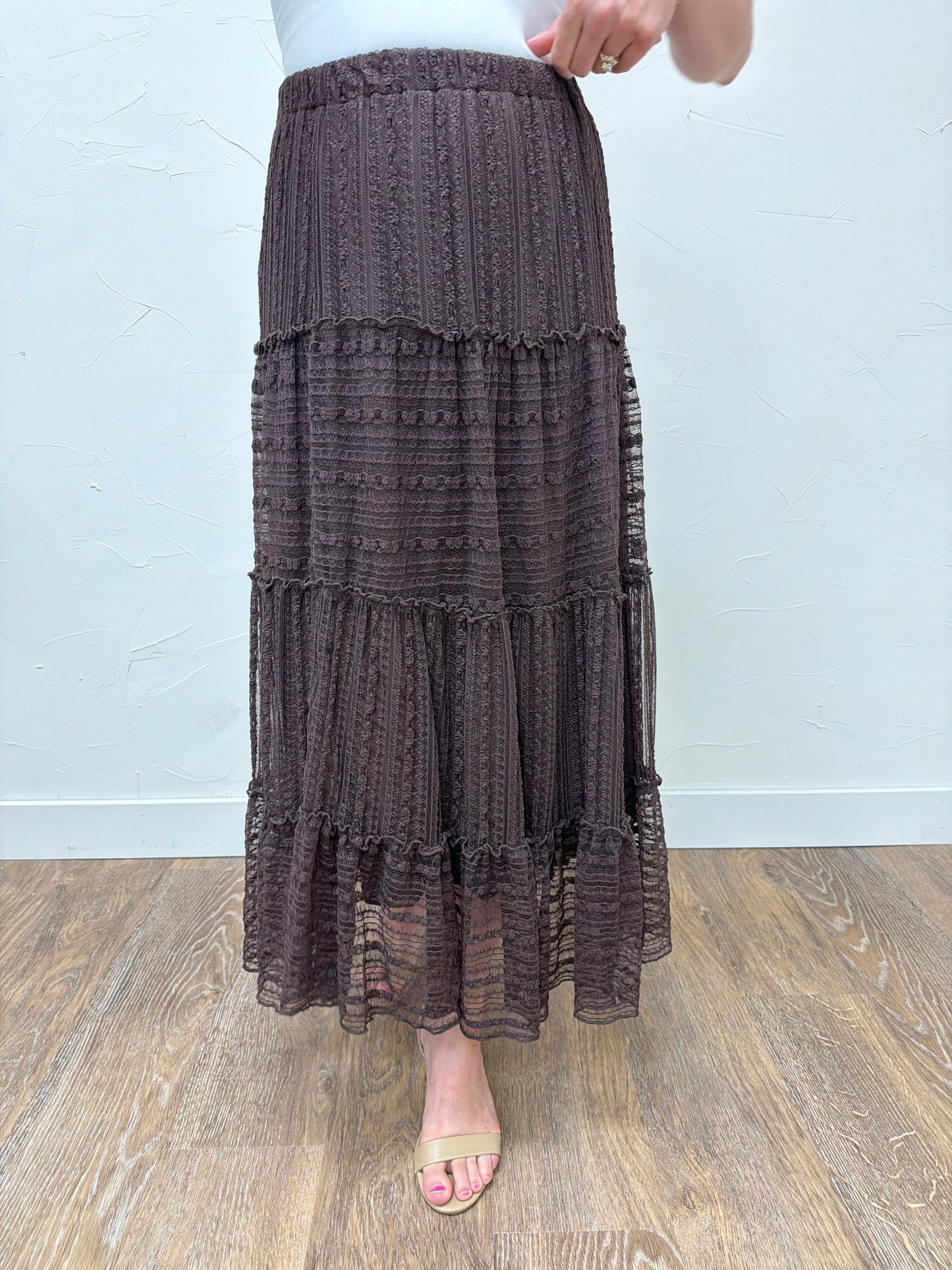 Textured Stripe Ruffle Tiered Midi Skirt