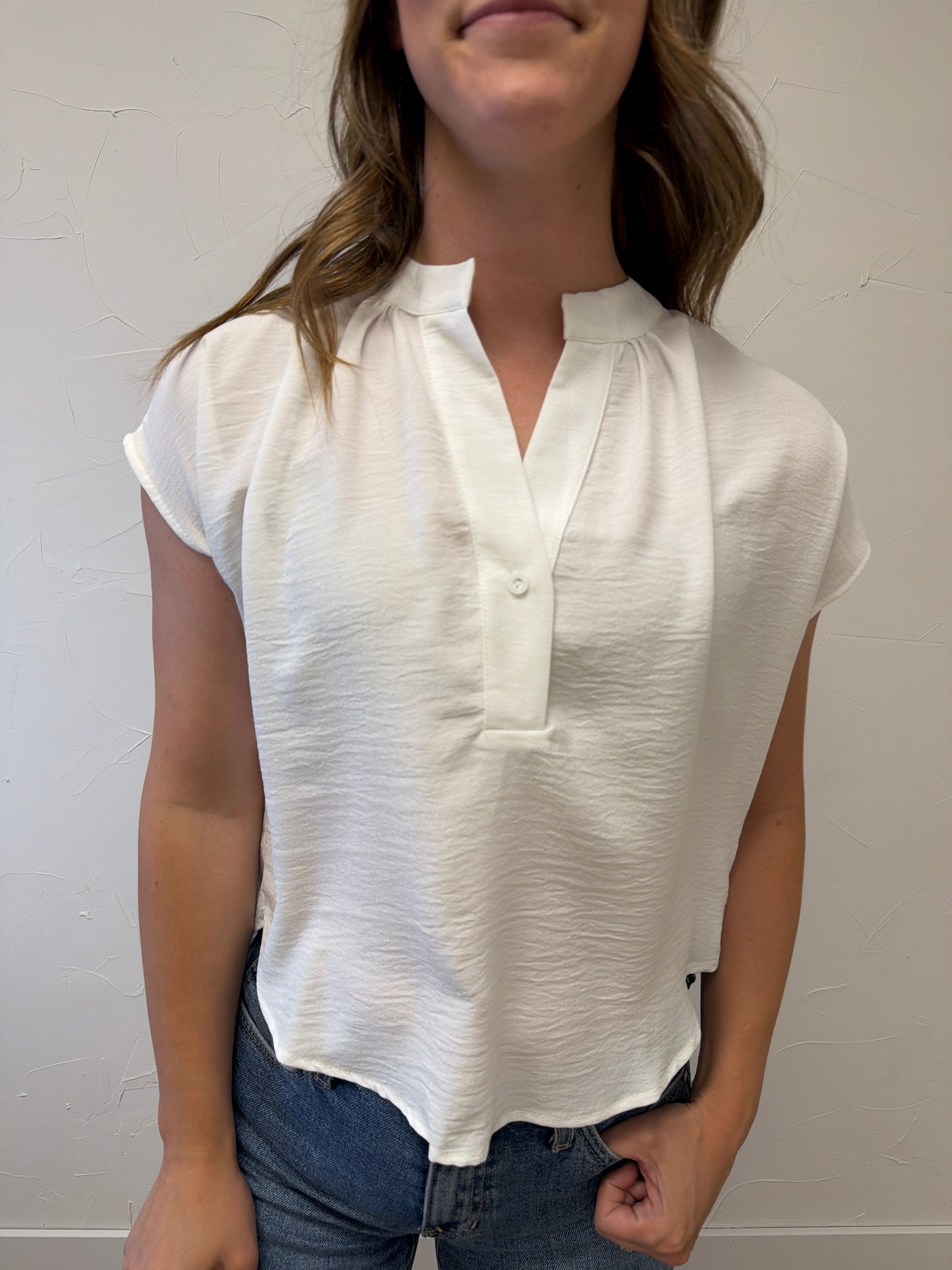 Henley neck Short Cap Sleeve Blouse
