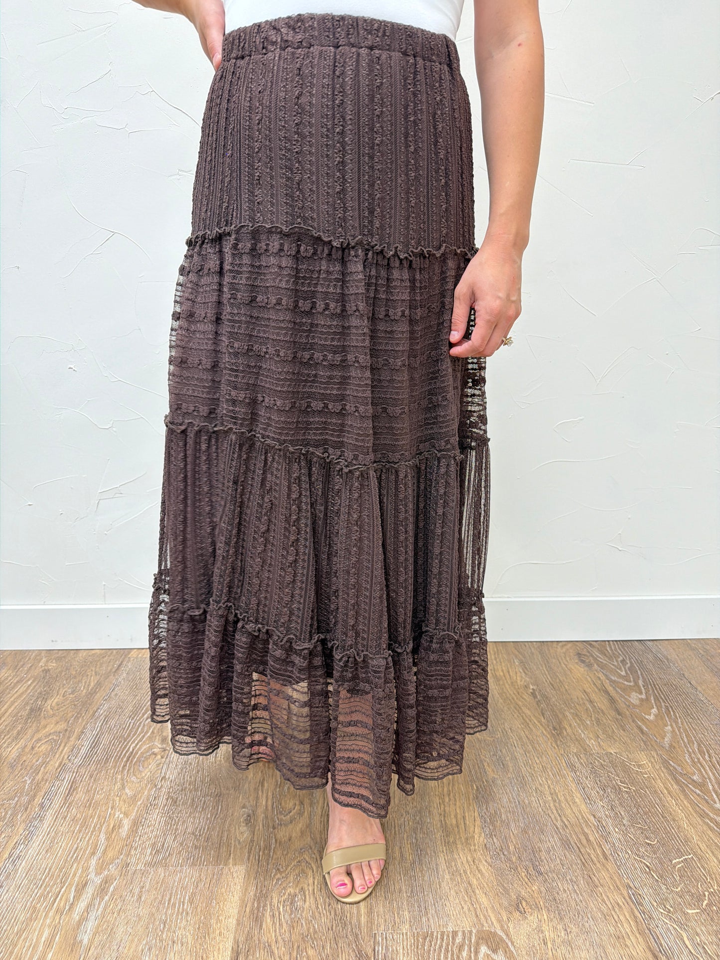 Textured Stripe Ruffle Tiered Midi Skirt