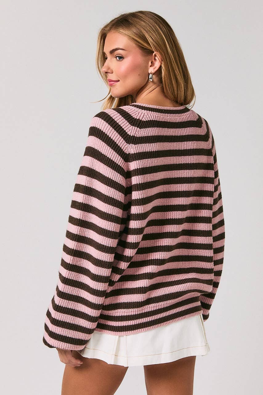Raglan Striped Crew Neck Button Down Cardigan