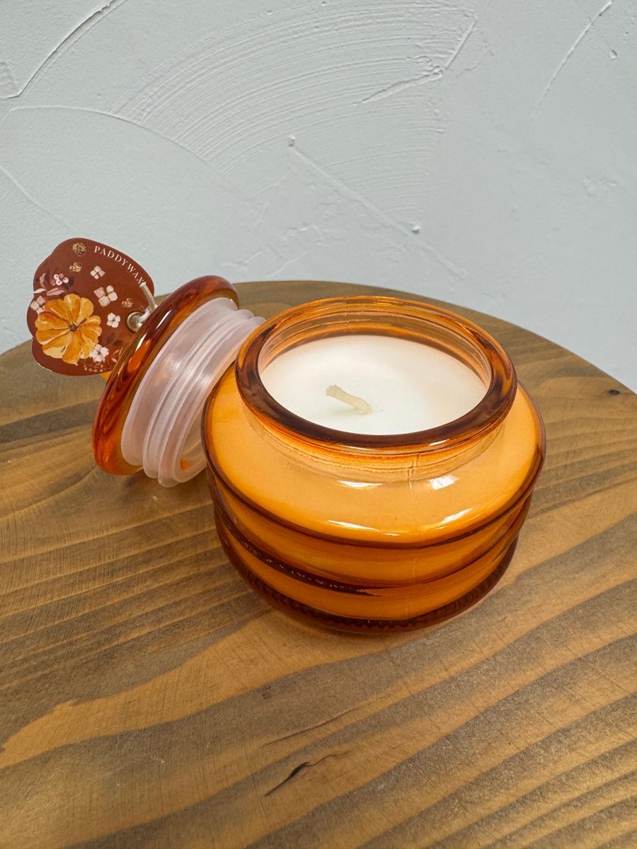 Front view of Paddywax pumpkin spice candle in orange glass jar — Three:Twelve Boutique