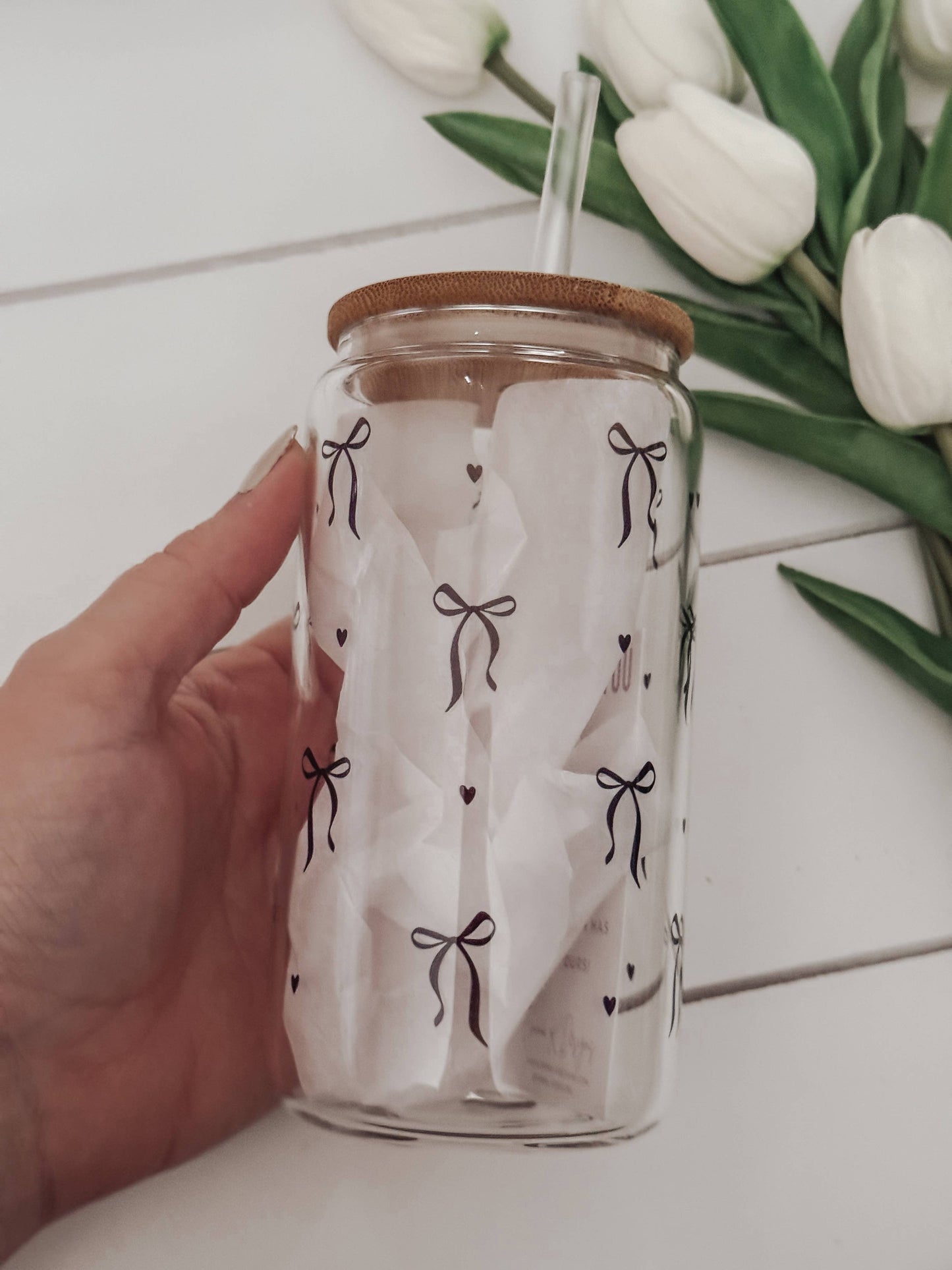 Black Bows 16oz Glass Cup with Bamboo Lid
: Frosted